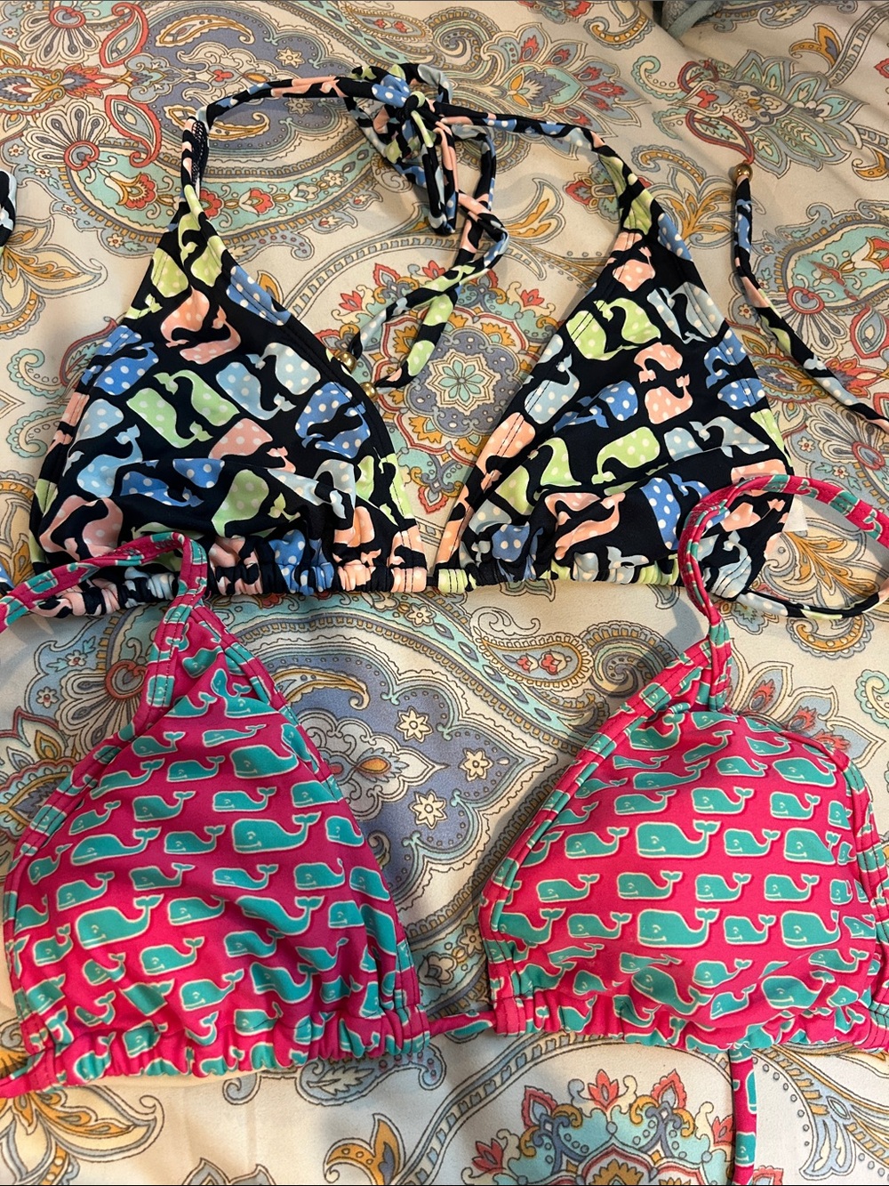 Vineyard Vines Whale Print Triangle Bikini Tops - Navy Multi & Pink Teal